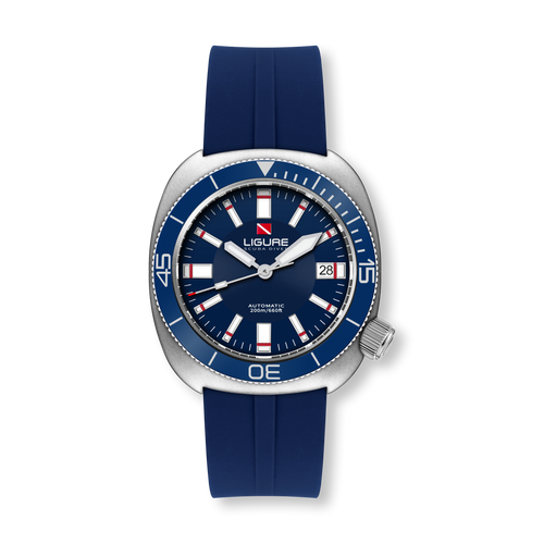 Ligure Il Primo LWT21009 with Mediterranean Blue sunburst dial and blue silicone strap