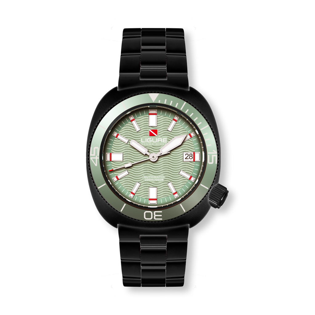 LWT23006N Ligure Watch with green dial and black strap on a white background