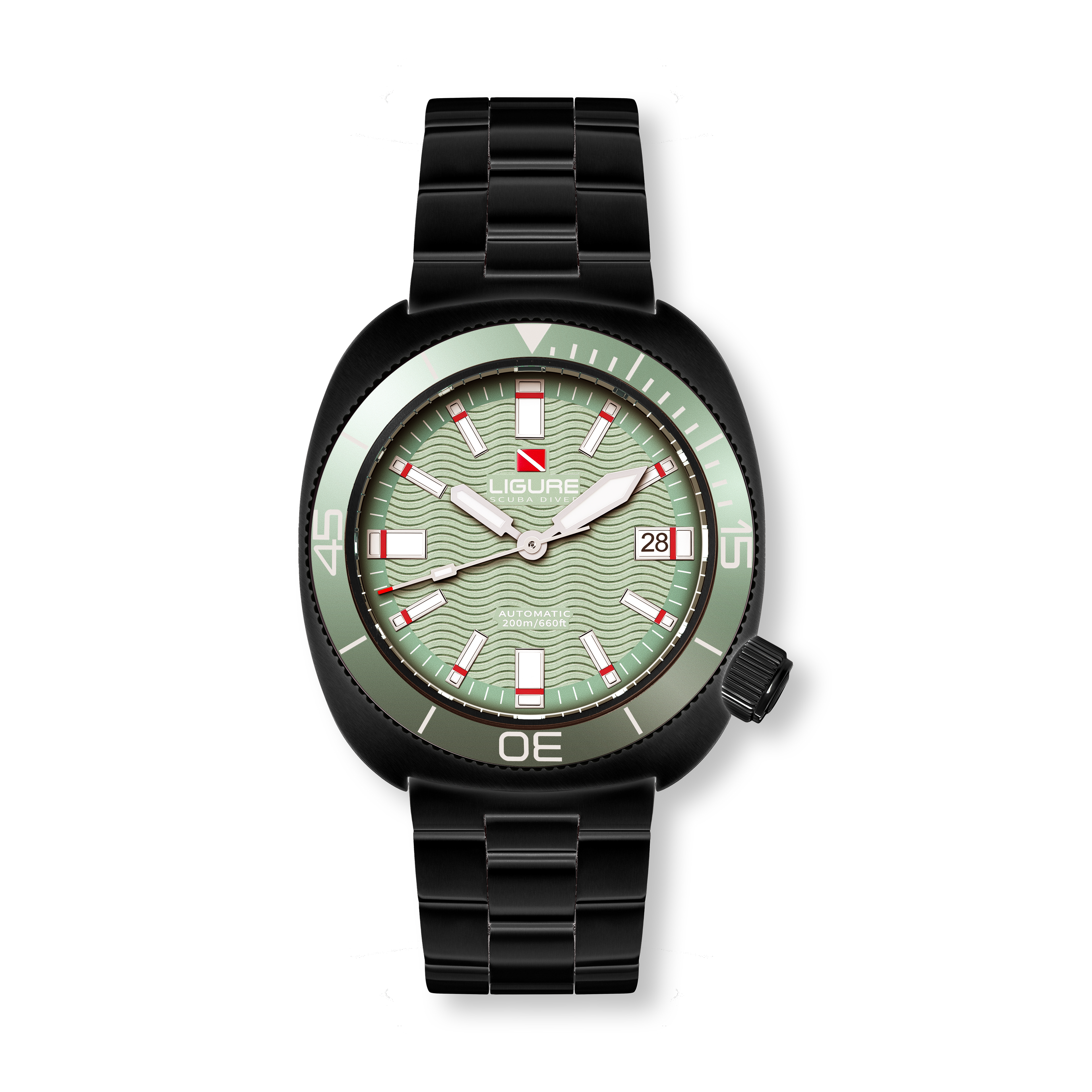 LWT23006N Ligure Watch with green dial and black strap on a white background