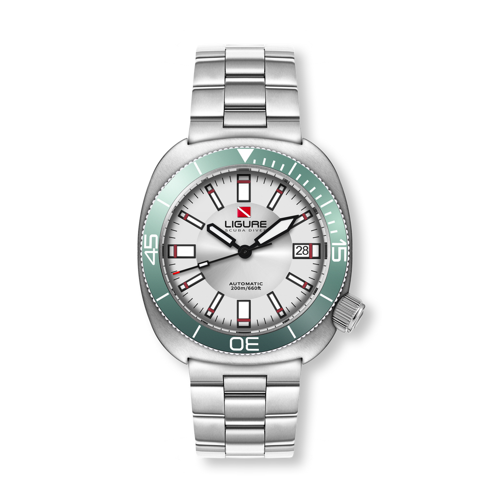 Ligure LWT23009 watch with a green bezel and white face on a white background