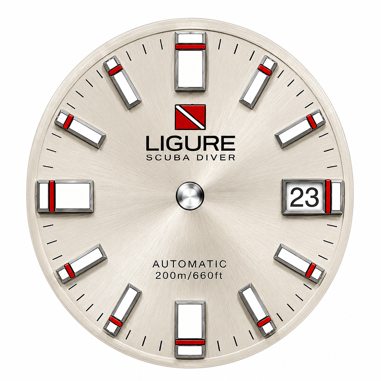 Ligure Scuba Diver watch face with brand logo and text on a white background