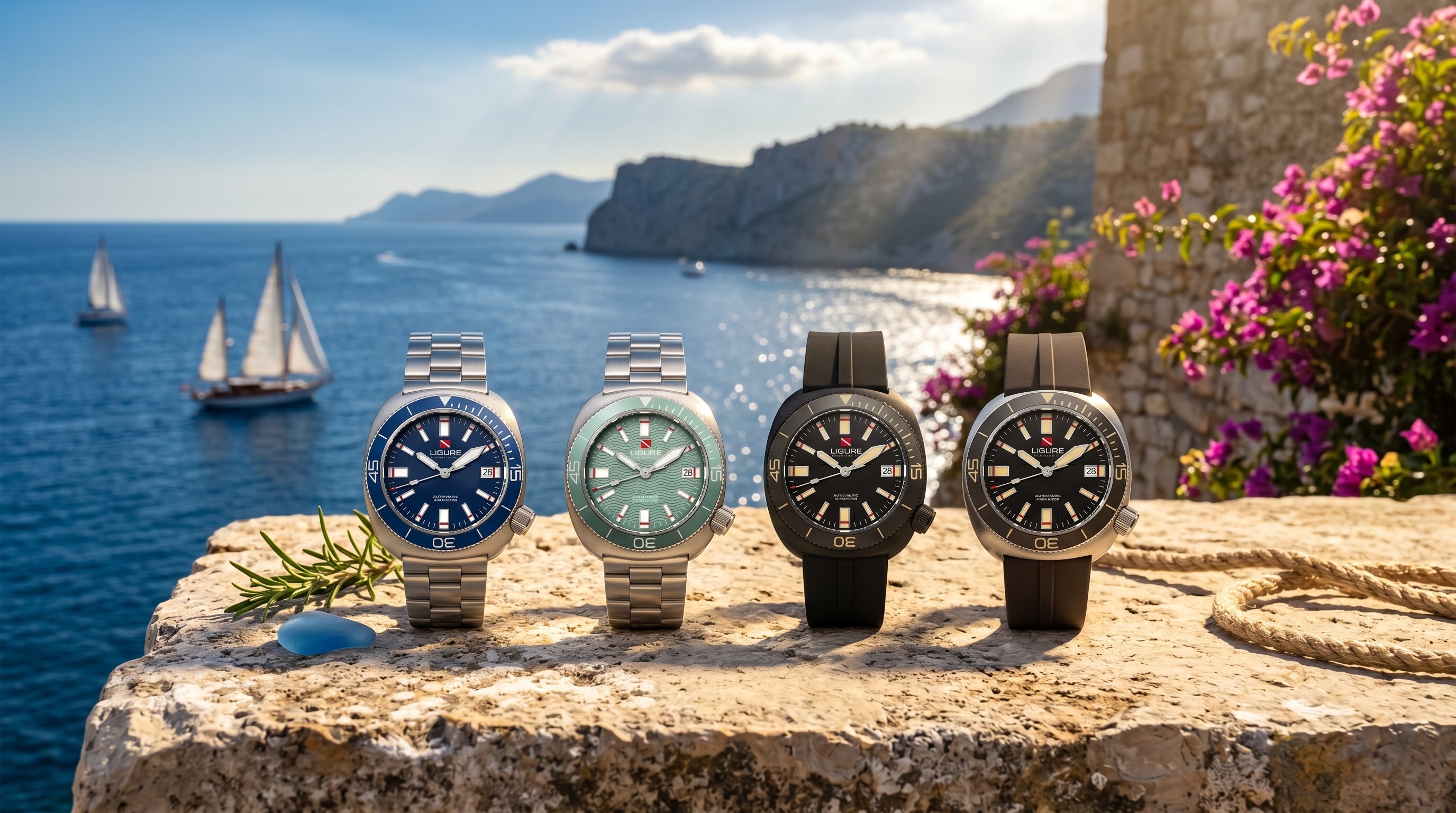 Four Ligure Watches Tartaruga displayed on a stone ledge with a scenic Rivieraocean view and sailboats.
